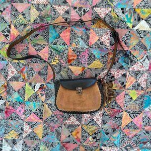 Hand Tooled Distressed Thick Leather Purse Bag Pouch Black Brown Leather - Used